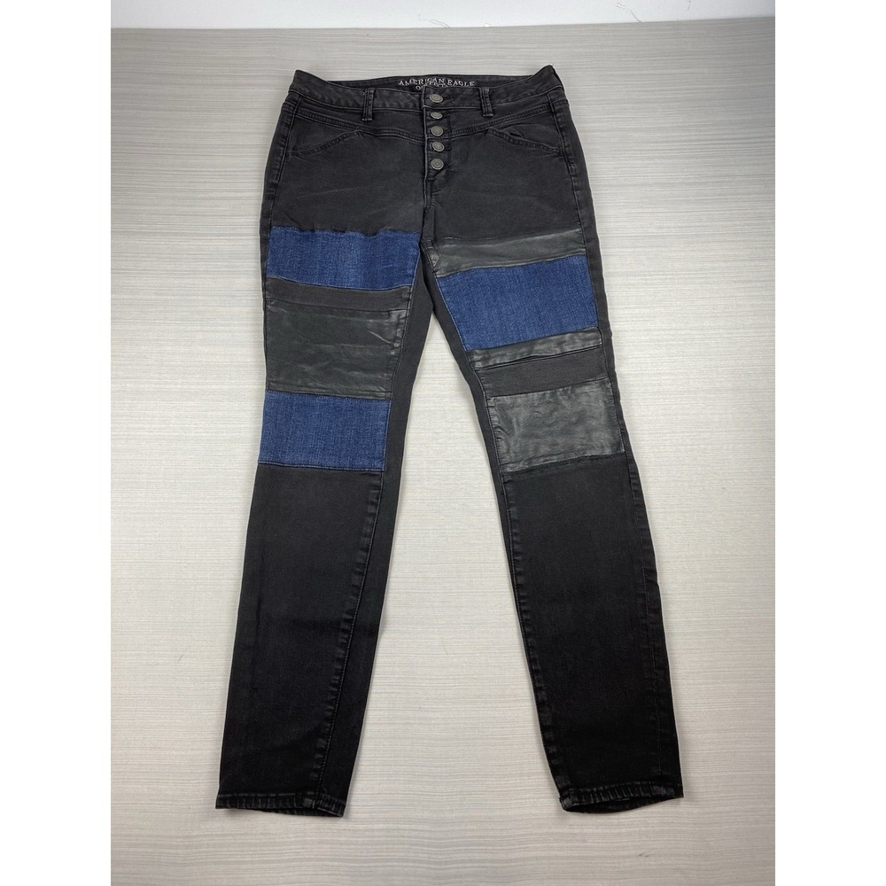 American Eagle hi rise jegging size‎ 10 stretch black w/faux leather patches